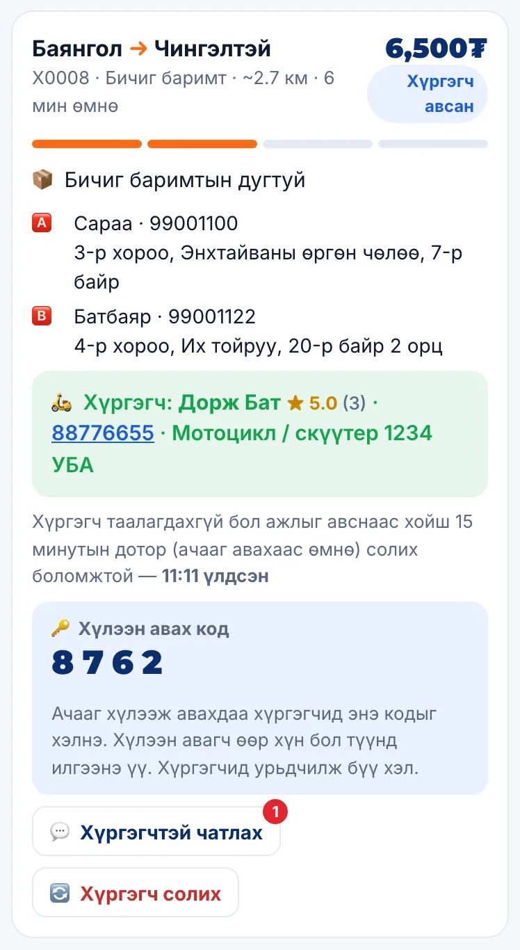 Хүргэгч авсан үеийн харагдац